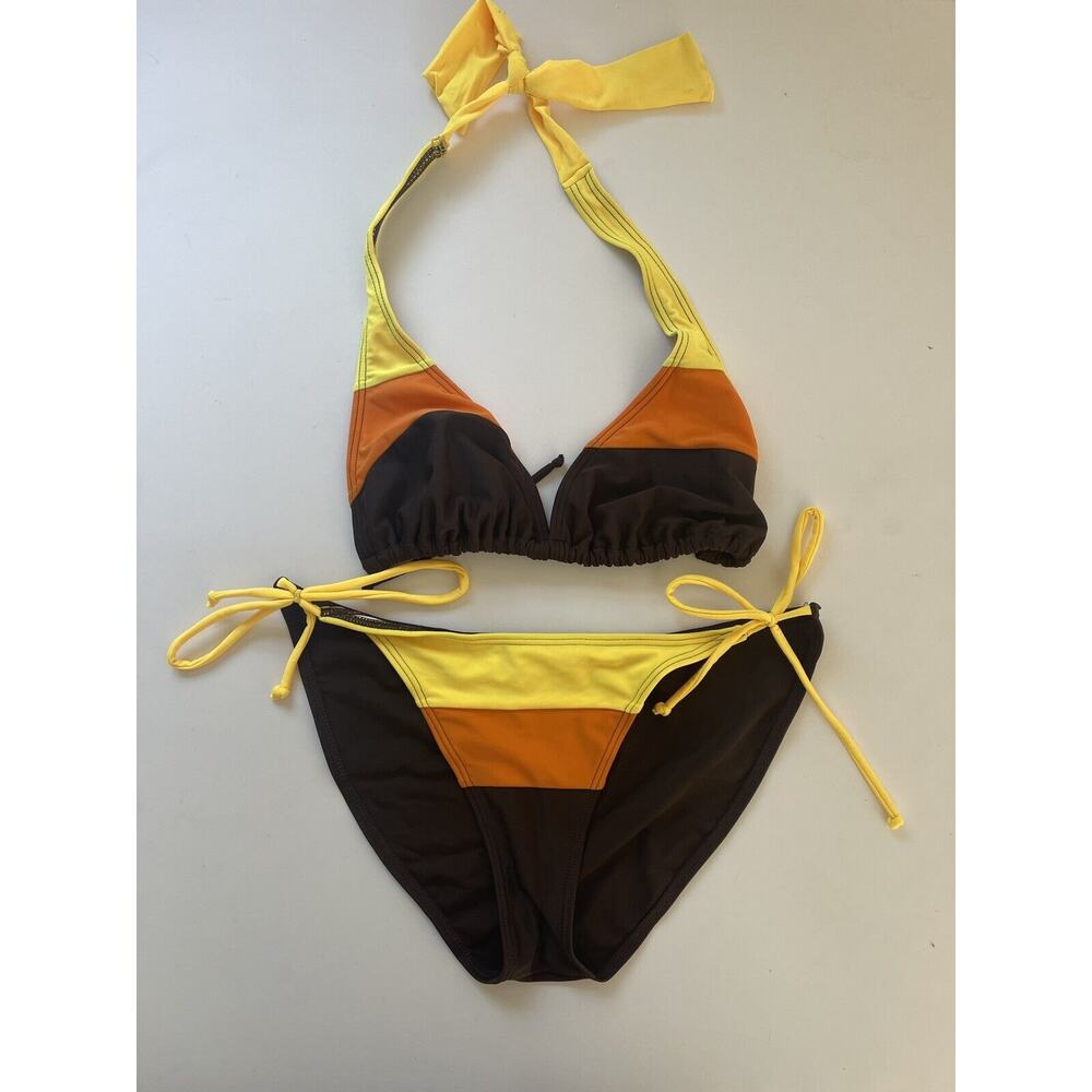 Jamaican Stok Color Block Brown/Yellow/Orange String Bikini Adjustable Size L